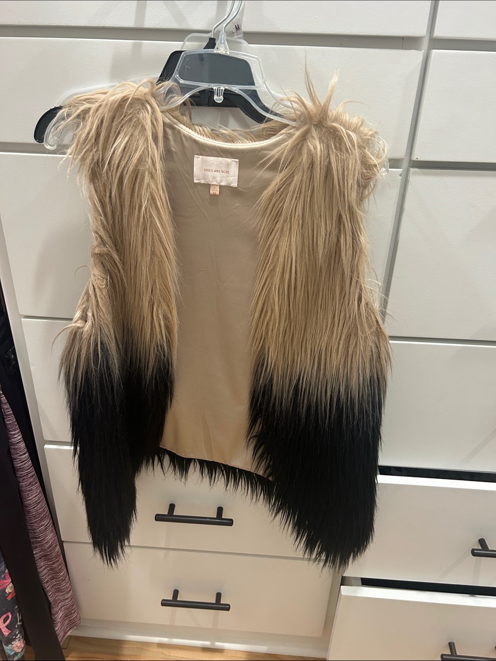 Skies Are Blue Two-Tone Faux Fur Vest in Tan and Black